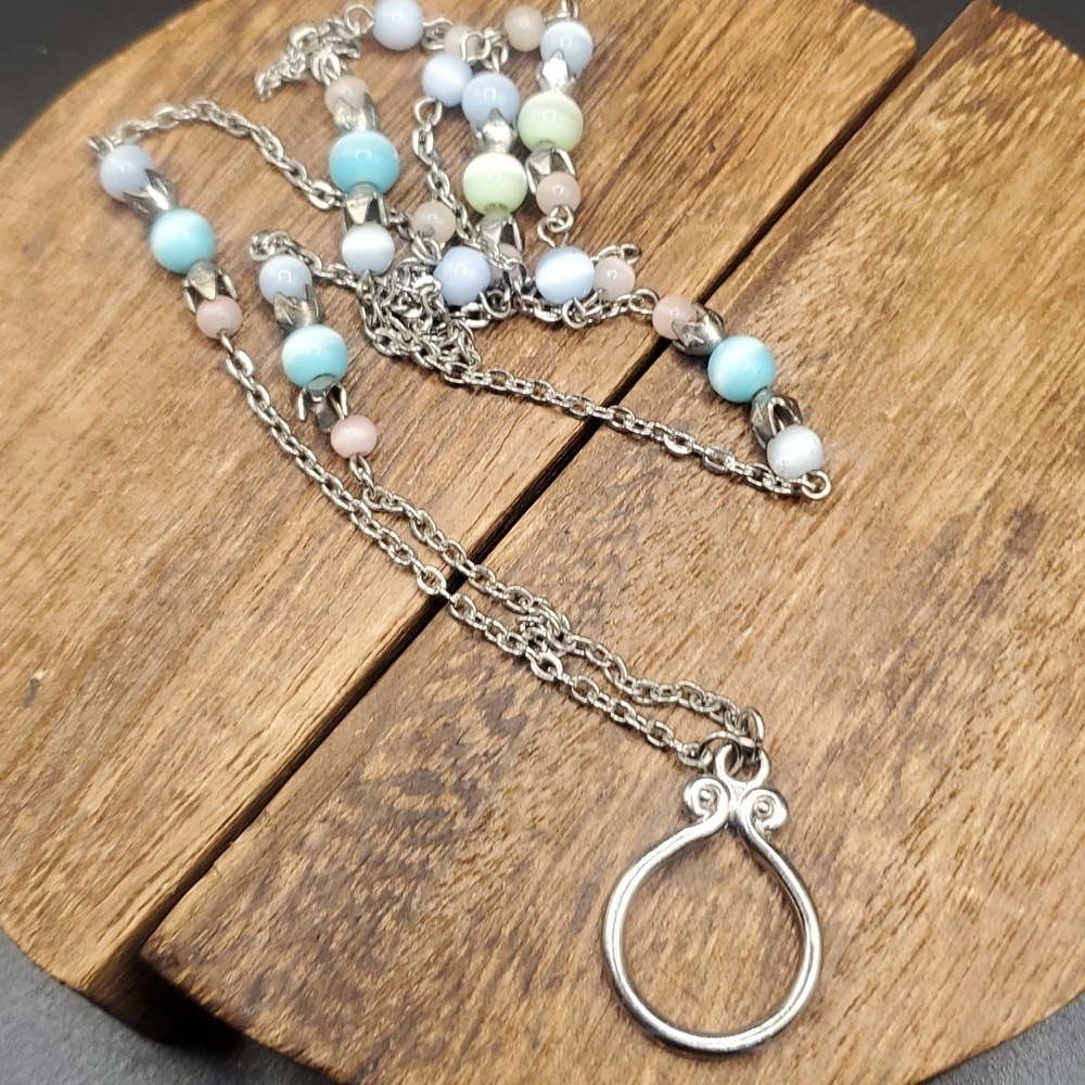 Delicate Pastel Beaded Necklace with Silver-Tone Chain & Teardrop Pendant N341‎
